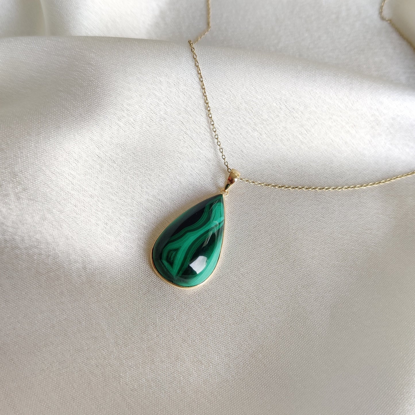 Natural Malachite Pendant, Malachite Pendant Set in 14K Solid Yellow Gold, May Birthstone Pendant, Pear Bezel Pendant, Malachite Jewelry