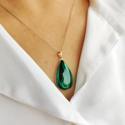 Natural Malachite Pendant, Malachite Pendant Set in 14K Solid Yellow Gold, May Birthstone Pendant, Pear Bezel Pendant, Malachite Jewelry