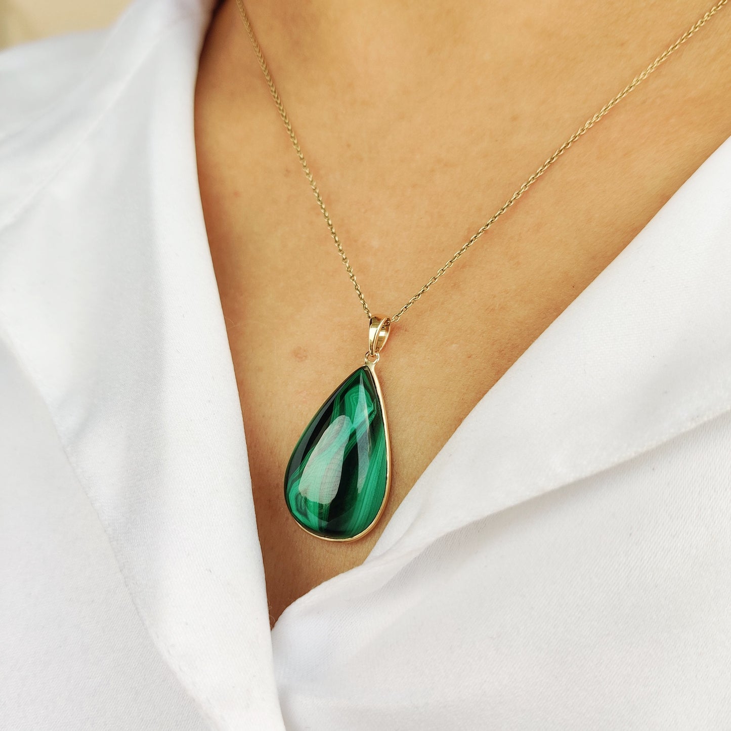 Natural Malachite Pendant, Malachite Pendant Set in 14K Solid Yellow Gold, May Birthstone Pendant, Pear Bezel Pendant, Malachite Jewelry