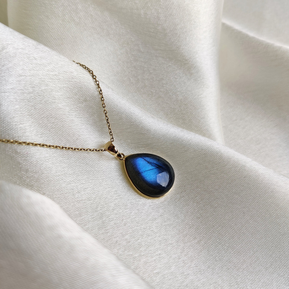 Natural Blue Labradorite Pear Pendant, 14K Solid Yellow Gold Bezel, Christmas Present