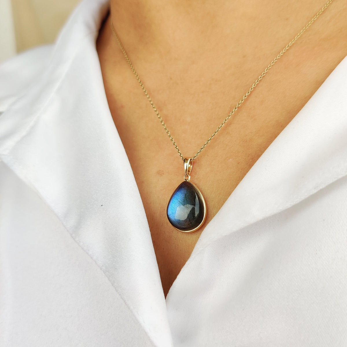 Natural Blue Labradorite Pear Pendant, 14K Solid Yellow Gold Bezel, Christmas Present