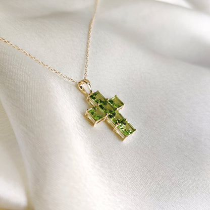 Natural Peridot Cross Pendant, 14K Solid Yellow Gold Peridot Pendant, August Birthstone Pendant, Holy Cross Dainty Pendant, Christmas Gift