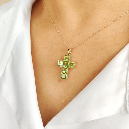 Natural Peridot Cross Pendant, 14K Solid Yellow Gold Peridot Pendant, August Birthstone Pendant, Holy Cross Dainty Pendant, Christmas Gift