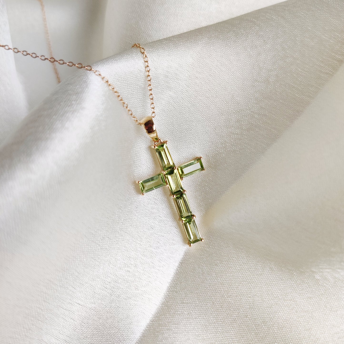 Natural Peridot Cross Pendant, 14K Solid Yellow Gold Peridot Pendant, August Birthstone Pendant, Holy Cross Pendant, Peridot Jewelry