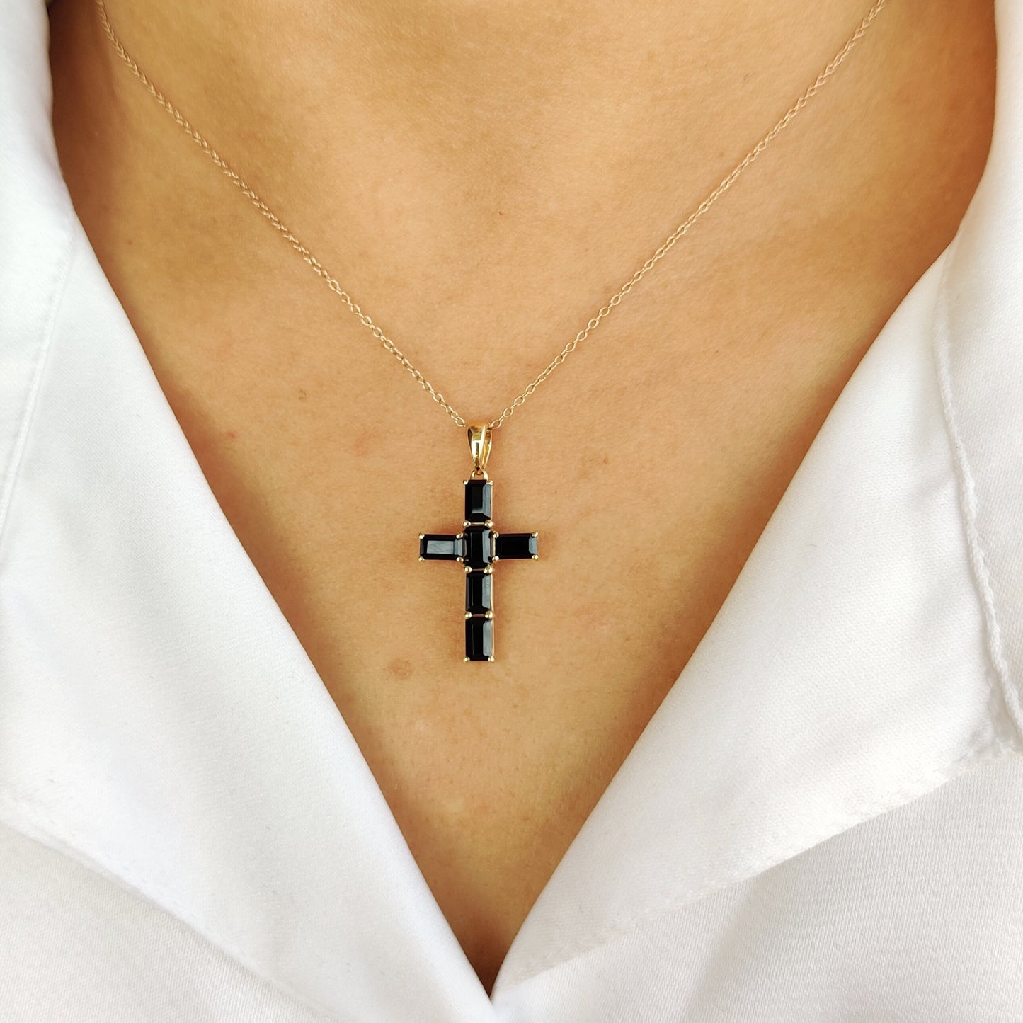 Natural Black Onyx Cross Pendant, 14K Solid Yellow Gold Pendant, Holy Cross Baguette Pendant, December Birthstone Pendant, Christmas Present