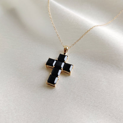 Natural Black Onyx Cross Pendant, 14K Solid Yellow Gold Pendant, Holy Cross Baguette Pendant, December Birthstone Pendant, Christmas Present