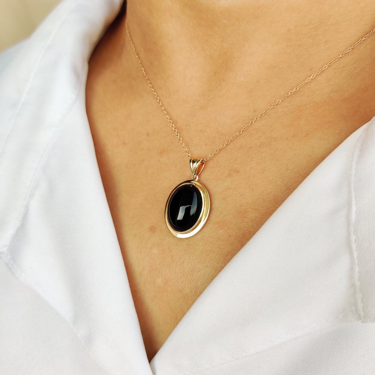 Natural Black Onyx Pendant, 14K Solid Yellow Gold Black Onyx Pendant, December Birthstone Pendant, Oval Bezel Pendant, Christmas Present