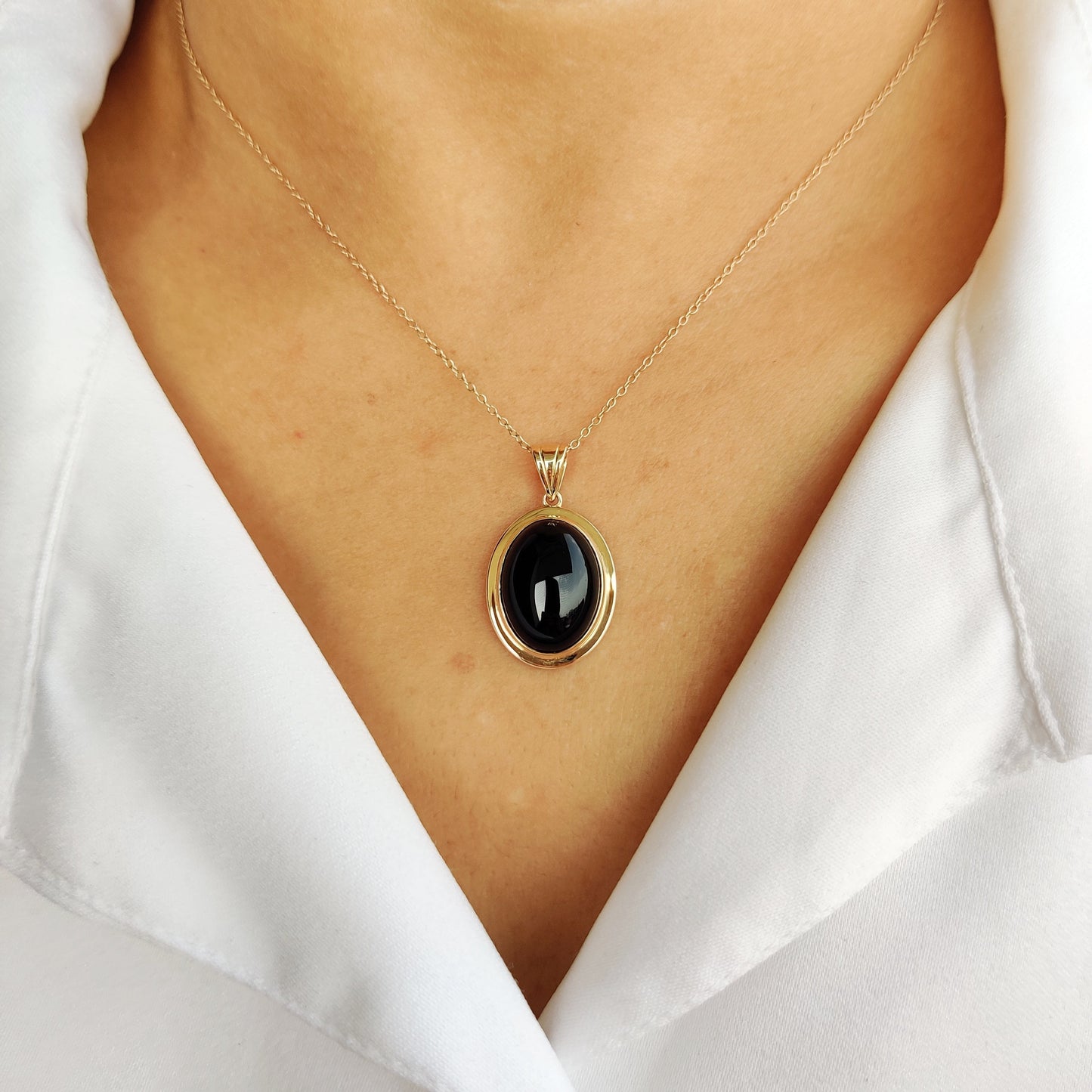 Natural Black Onyx Pendant, 14K Solid Yellow Gold Black Onyx Pendant, December Birthstone Pendant, Oval Bezel Pendant, Christmas Present