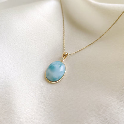 Natural Larimar Pendant, Larimar Pendant Set in 14K Solid Yellow Gold Pendant, March Birthstone Pendant, Oval Pendant, Christmas Gift