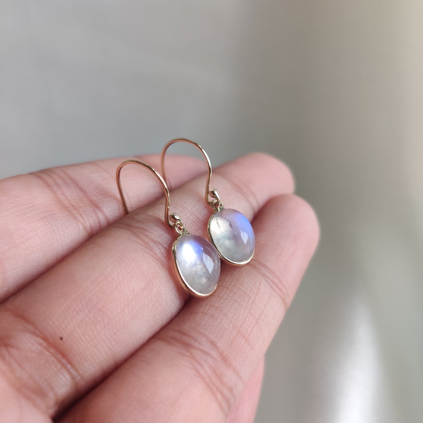 Natural Rainbow Moonstone Earrings, 14K Solid Yellow Gold Moonstone Earrings, Drop Bezel Earrings, June Birthstone, Blue Moonstone Jewelry