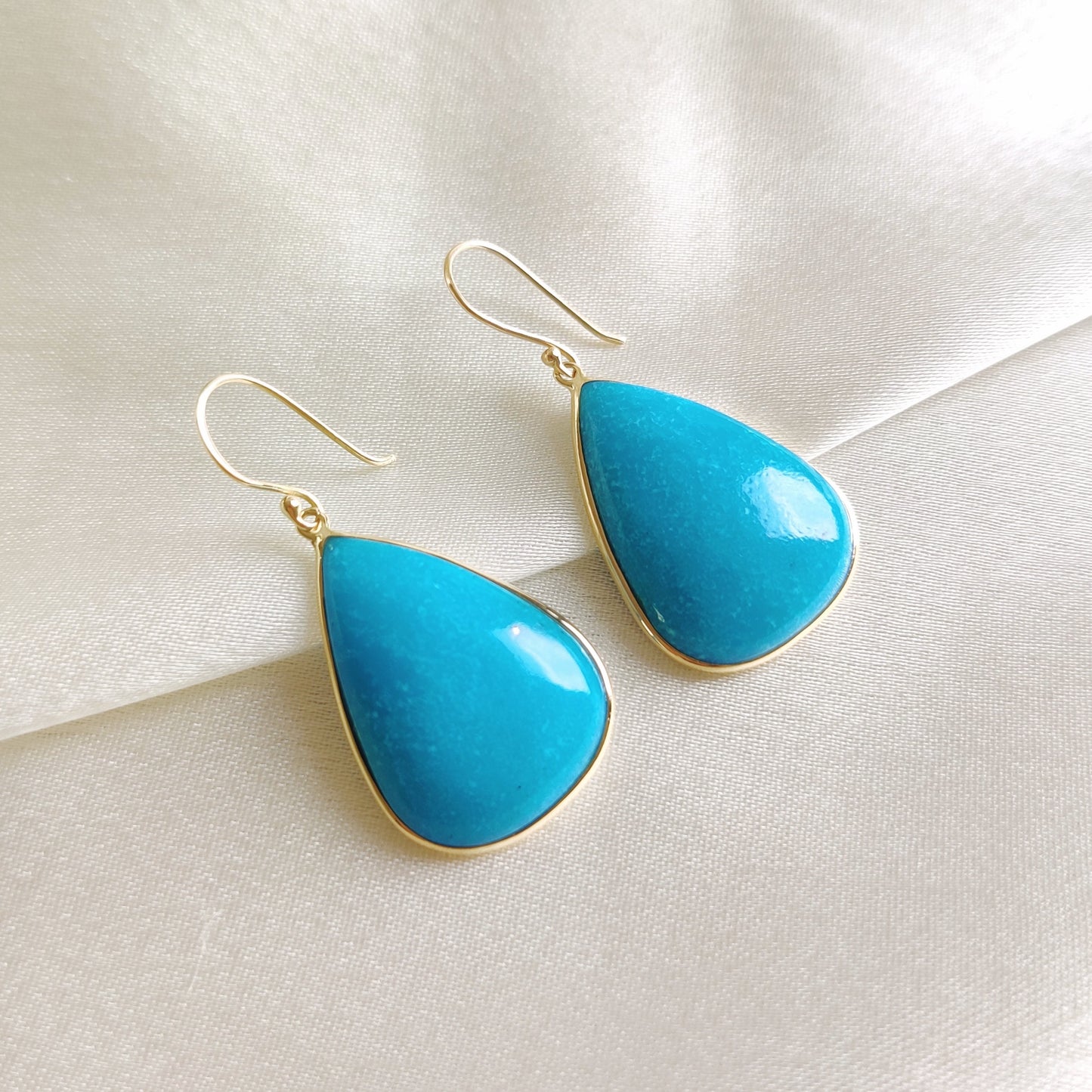 14K Gold Turquoise Earrings, Natural Turquoise Bezel Earrings, 14K Solid Yellow Gold Earrings, December Birthstone, Dangler Earrings