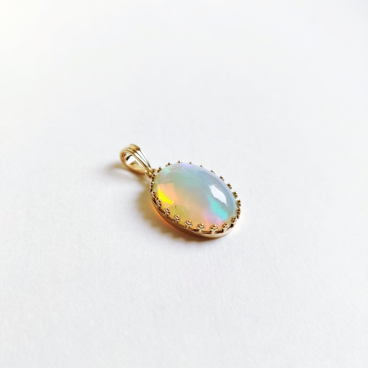 Natural Ethiopion Opal Pendant, 14K Solid Yellow Gold Opal Pendant, October Birthstone Pendant, Crown Bezel Pendant, Opal Jewelry