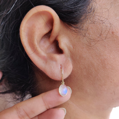 Natural Rainbow Moonstone Earrings, 14K Solid Yellow Gold Moonstone Earrings, Drop Bezel Earrings, June Birthstone, Blue Moonstone Jewelry