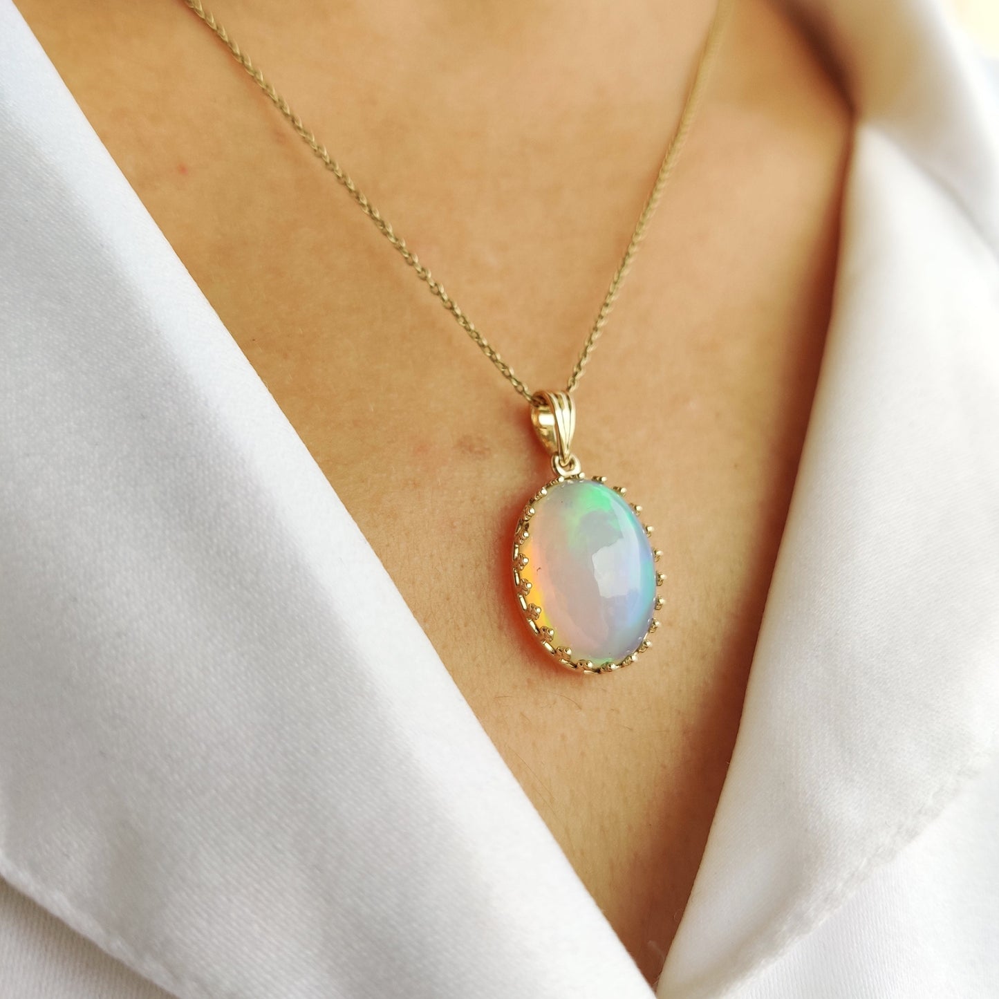 Natural Ethiopion Opal Pendant, 14K Solid Yellow Gold Opal Pendant, October Birthstone Pendant, Crown Bezel Pendant, Opal Jewelry