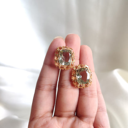 Natural Green Amethyst & Citrine Earrings, 14K Solid Yellow Gold Studs, February November Birthstone, Anniversary Present, Christmas Present