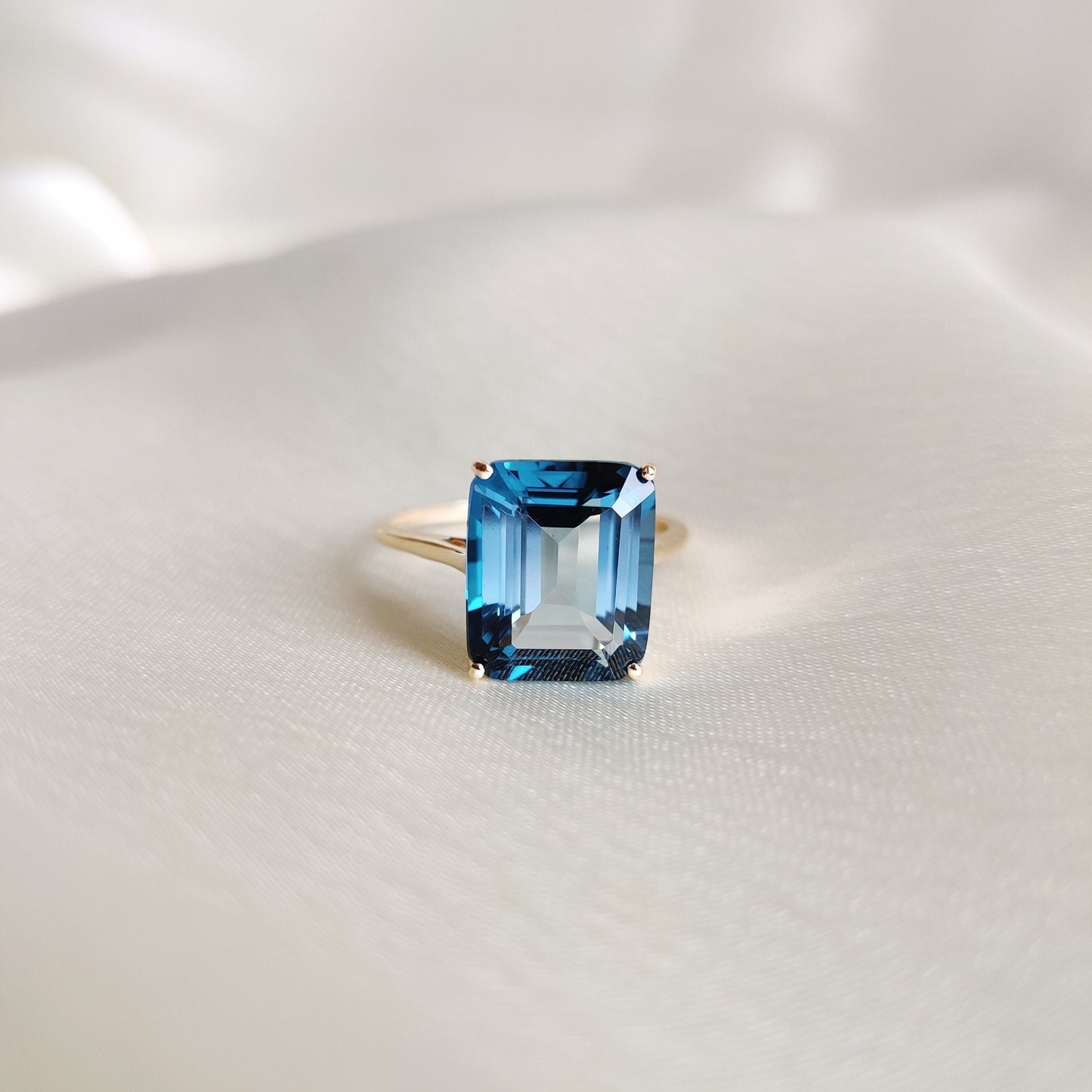 Natural London Blue Topaz Ring, 14K Solid Yellow Gold Topaz Ring, Emerald Cut Ring, Blue Topaz Jewelry, December Birthstone, Statement Ring