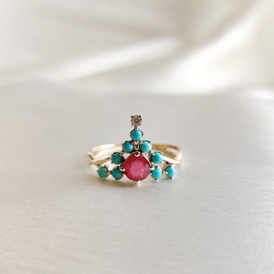 Natural Ruby Turquoise Diamond Ring, 14K Solid Yellow Gold Ring, Natural Ruby Turquoise Ring, July December Birthstone, Turquoise Jewelry