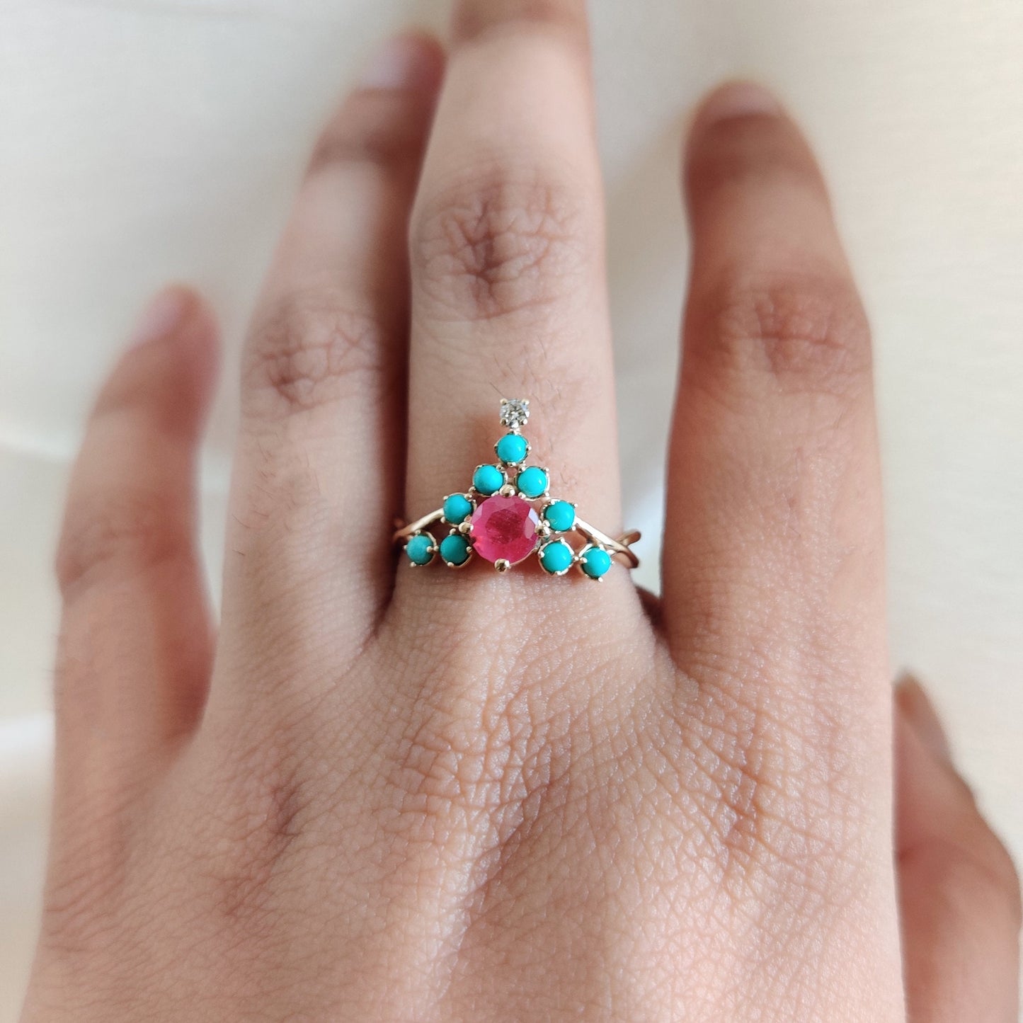 Natural Ruby Turquoise Diamond Ring, 14K Solid Yellow Gold Ring, Natural Ruby Turquoise Ring, July December Birthstone, Turquoise Jewelry