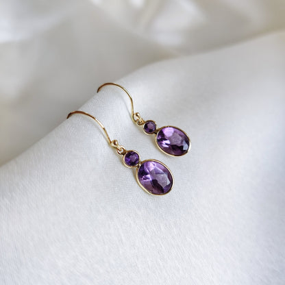 14K Gold Amethyst Earrings, Natural Amethyst Bezel Earrings, 14K Solid Yellow Gold Earrings, February Birthstone, Purple Amethyst Jewelry