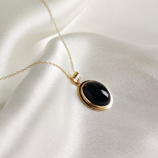 Natural Black Onyx Pendant, 14K Solid Yellow Gold Black Onyx Pendant, December Birthstone Pendant, Oval Bezel Pendant, Christmas Present