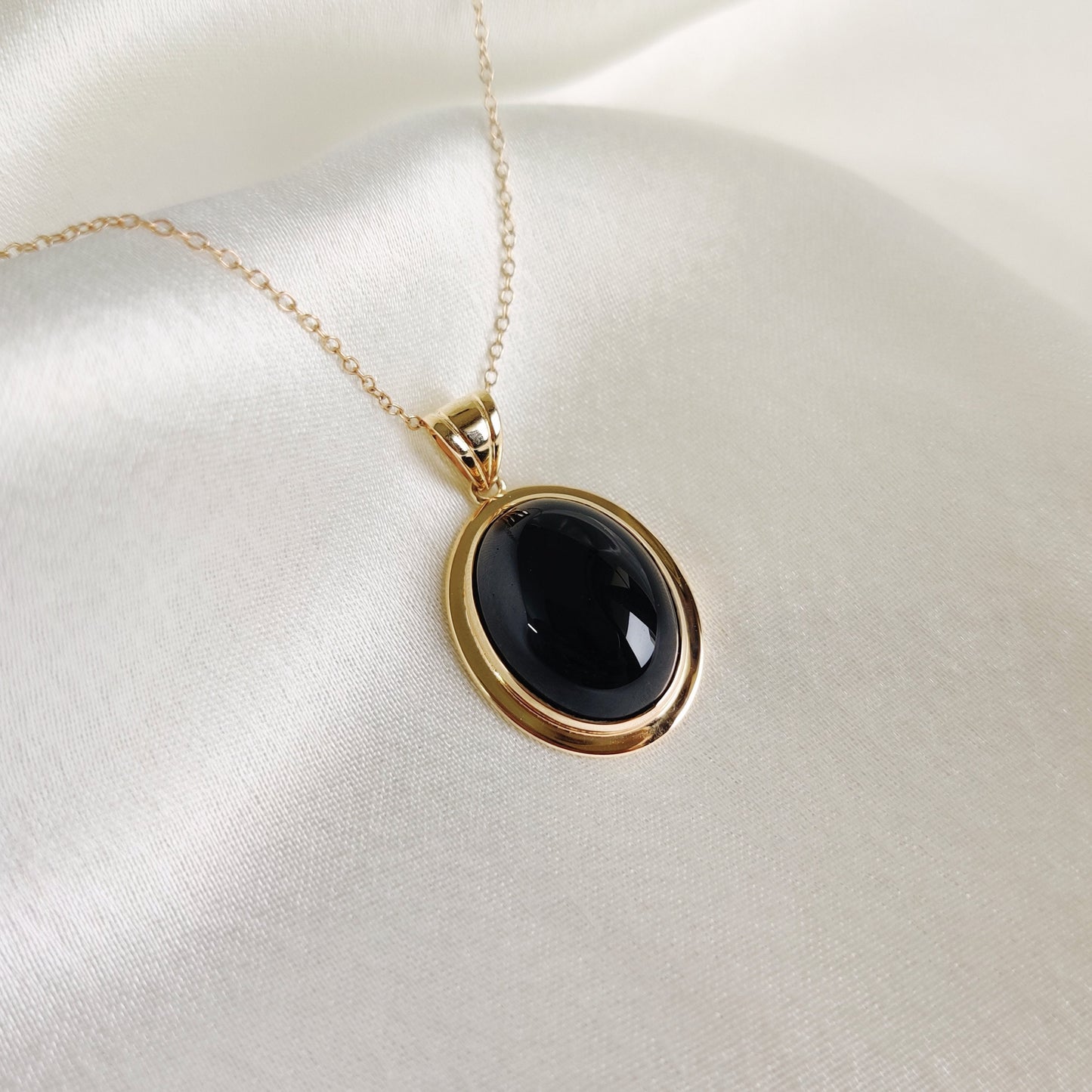 Natural Black Onyx Pendant, 14K Solid Yellow Gold Black Onyx Pendant, December Birthstone Pendant, Oval Bezel Pendant, Christmas Present