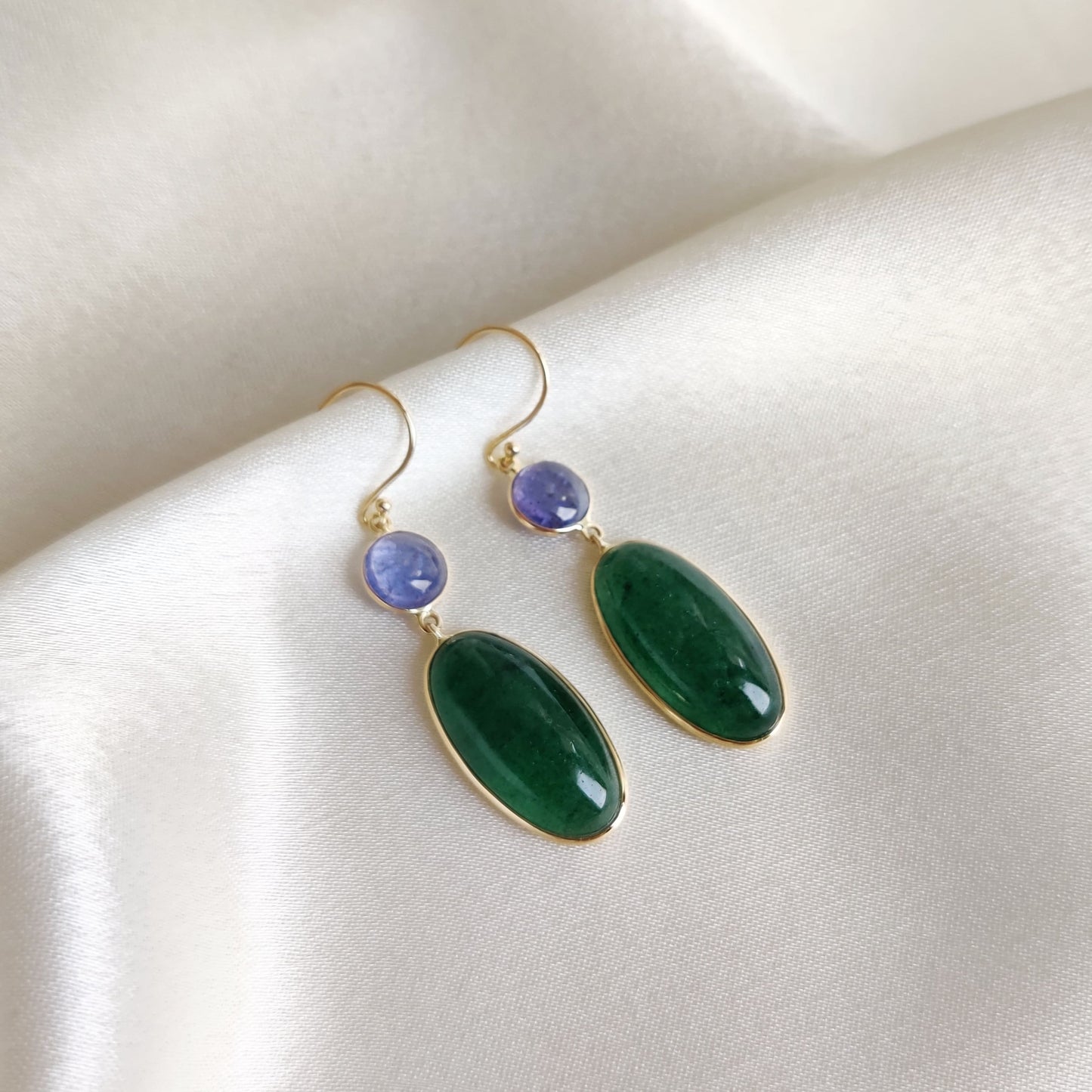 Natural Green Aventurine & Tanzanite Earrings, 14K Solid Yellow Gold Earrings, August and December Birthstone, Drop Earrings, Christmas Gift