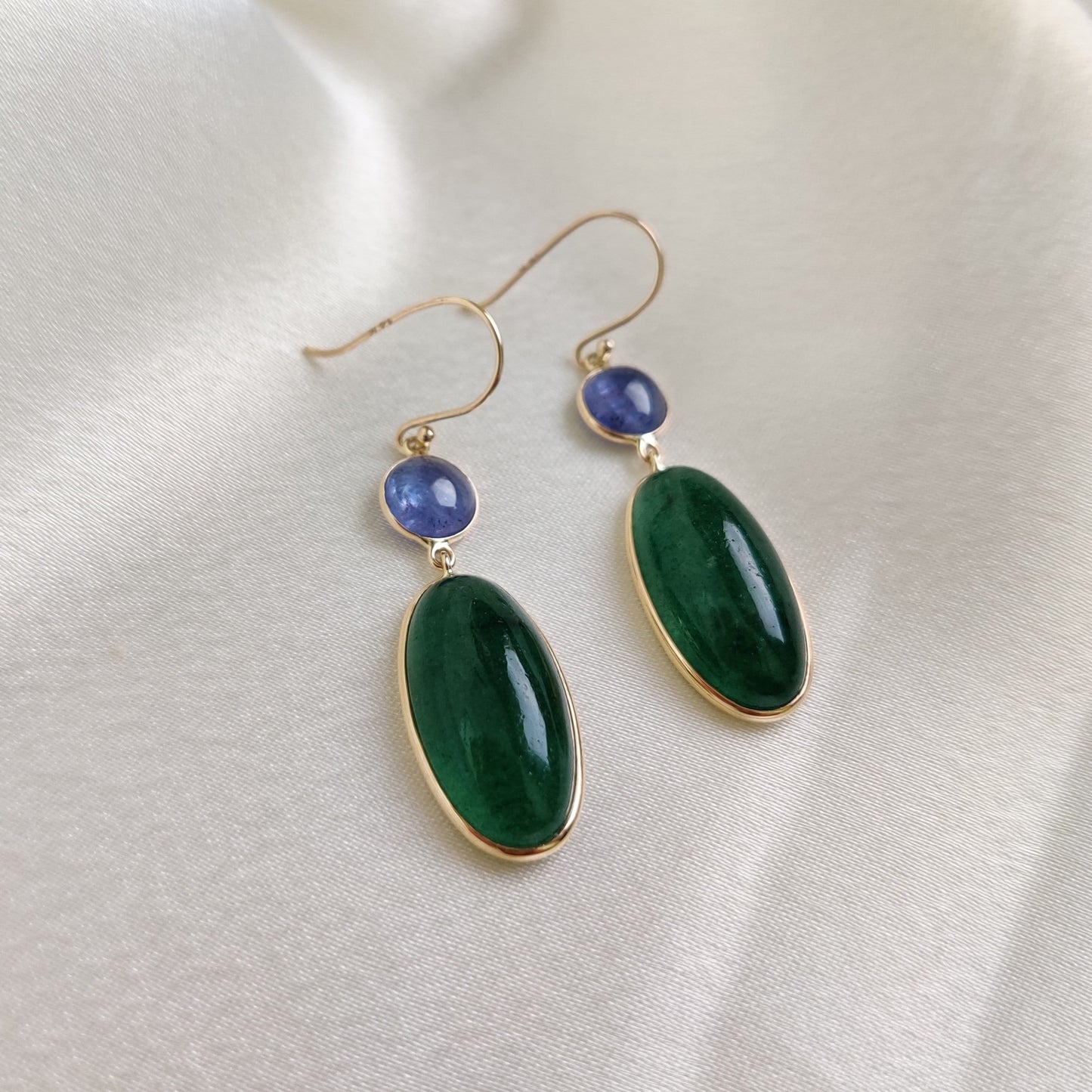 Natural Green Aventurine & Tanzanite Earrings, 14K Solid Yellow Gold Earrings, August and December Birthstone, Drop Earrings, Christmas Gift