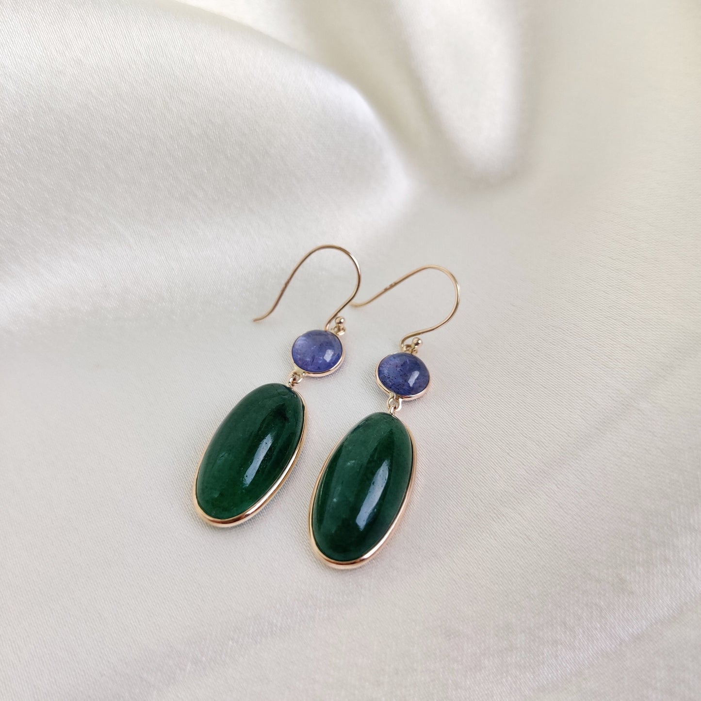 Natural Green Aventurine & Tanzanite Earrings, 14K Solid Yellow Gold Earrings, August and December Birthstone, Drop Earrings, Christmas Gift