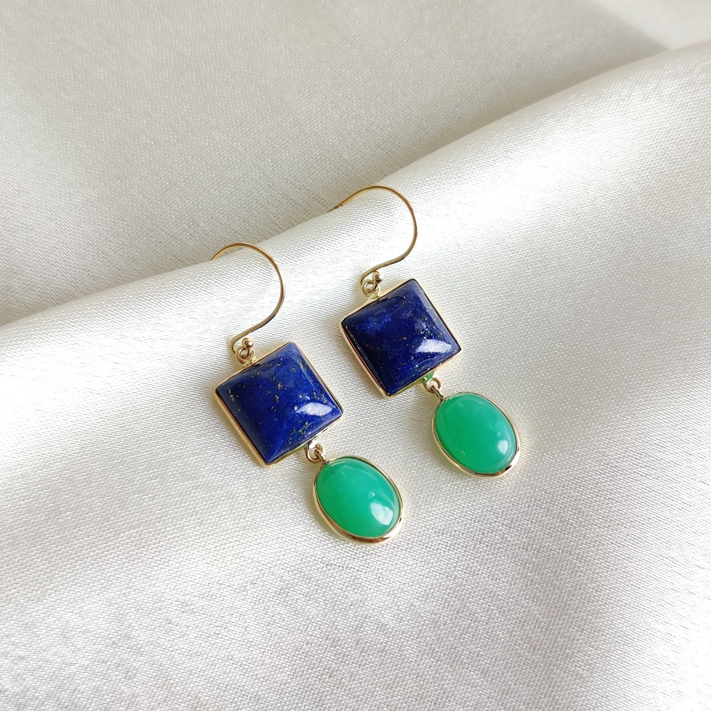 Natural Lapis & Chrysoprase Earrings, 14K Solid Yellow Gold Earring, June and September Birthstone, Bezel Earring, Christmas Present