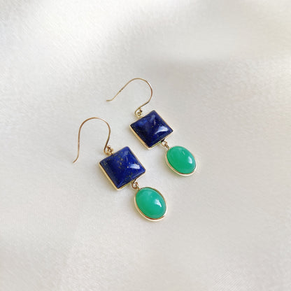 Natural Lapis & Chrysoprase Earrings, 14K Solid Yellow Gold Earring, June and September Birthstone, Bezel Earring, Christmas Present