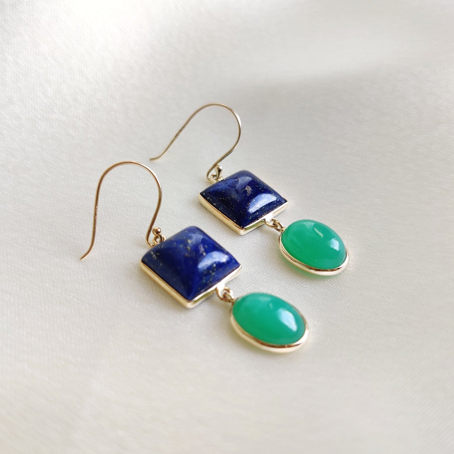 Natural Lapis & Chrysoprase Earrings, 14K Solid Yellow Gold Earring, June and September Birthstone, Bezel Earring, Christmas Present