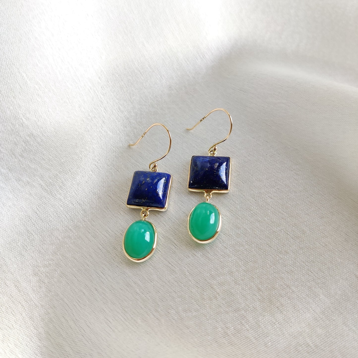 Natural Lapis & Chrysoprase Earrings, 14K Solid Yellow Gold Earring, June and September Birthstone, Bezel Earring, Christmas Present