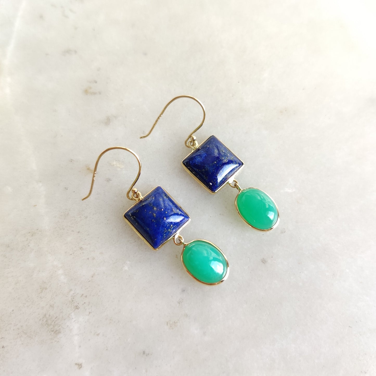 Natural Lapis & Chrysoprase Earrings, 14K Solid Yellow Gold Earring, June and September Birthstone, Bezel Earring, Christmas Present