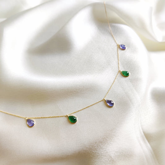 Natural Green Aventurine & Tanzanite Pendant, 14K Solid Yellow Gold Necklace, August December Birthstone, Bezel Necklace, Christmas Present