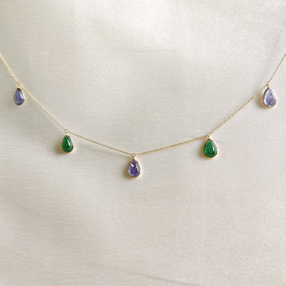 Natural Green Aventurine & Tanzanite Pendant, 14K Solid Yellow Gold Necklace, August December Birthstone, Bezel Necklace, Christmas Present