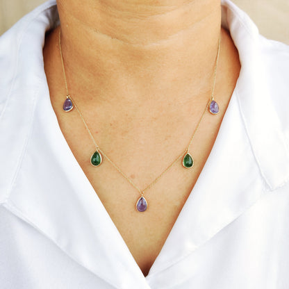 Natural Green Aventurine & Tanzanite Pendant, 14K Solid Yellow Gold Necklace, August December Birthstone, Bezel Necklace, Christmas Present