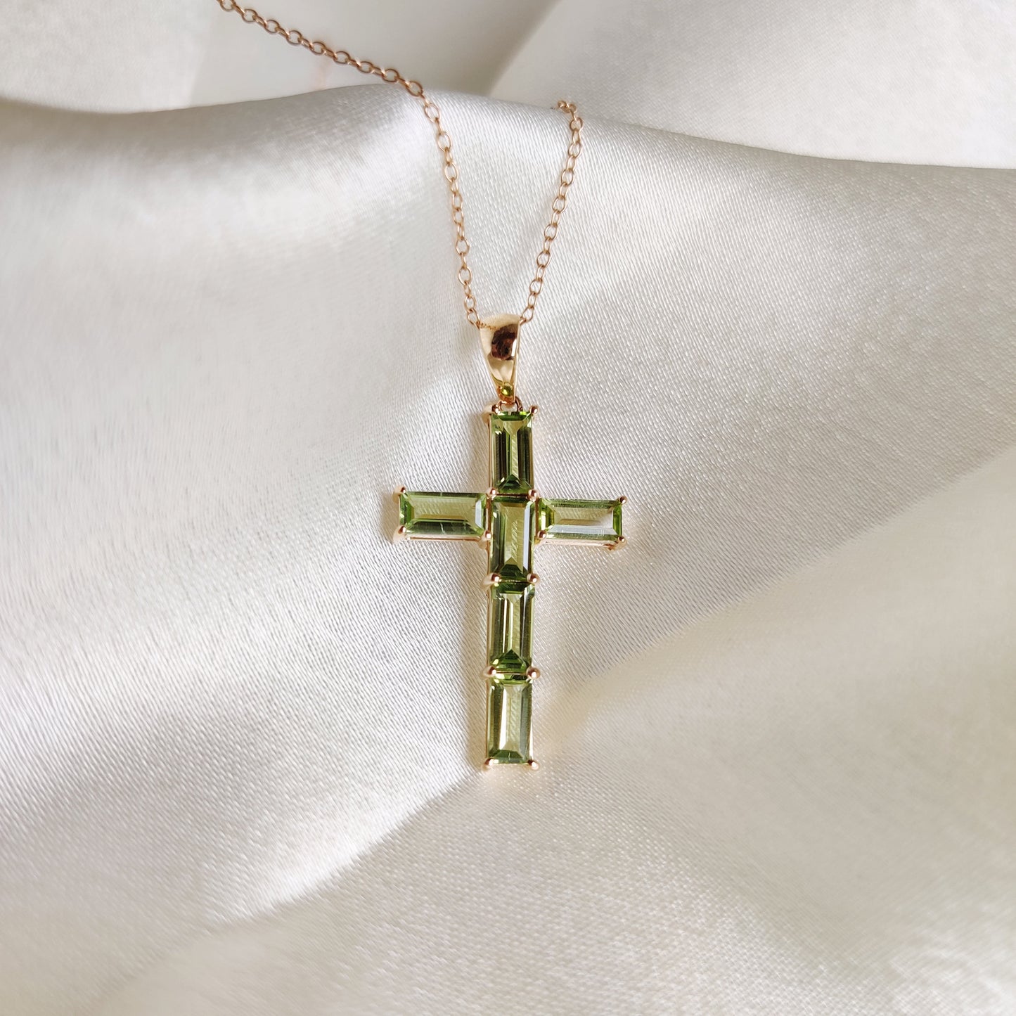 Natural Peridot Cross Pendant, 14K Solid Yellow Gold Peridot Pendant, August Birthstone Pendant, Holy Cross Pendant, Peridot Jewelry