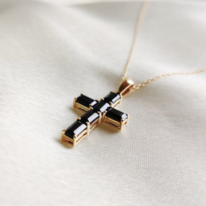 Natural Black Onyx Cross Pendant, 14K Solid Yellow Gold Pendant, Holy Cross Baguette Pendant, December Birthstone Pendant, Christmas Present