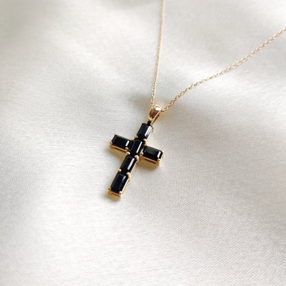 Natural Black Onyx Cross Pendant, 14K Solid Yellow Gold Pendant, Holy Cross Baguette Pendant, December Birthstone Pendant, Christmas Present