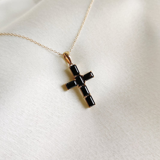 Natural Black Onyx Cross Pendant, 14K Solid Yellow Gold Pendant, Holy Cross Baguette Pendant, December Birthstone Pendant, Christmas Present