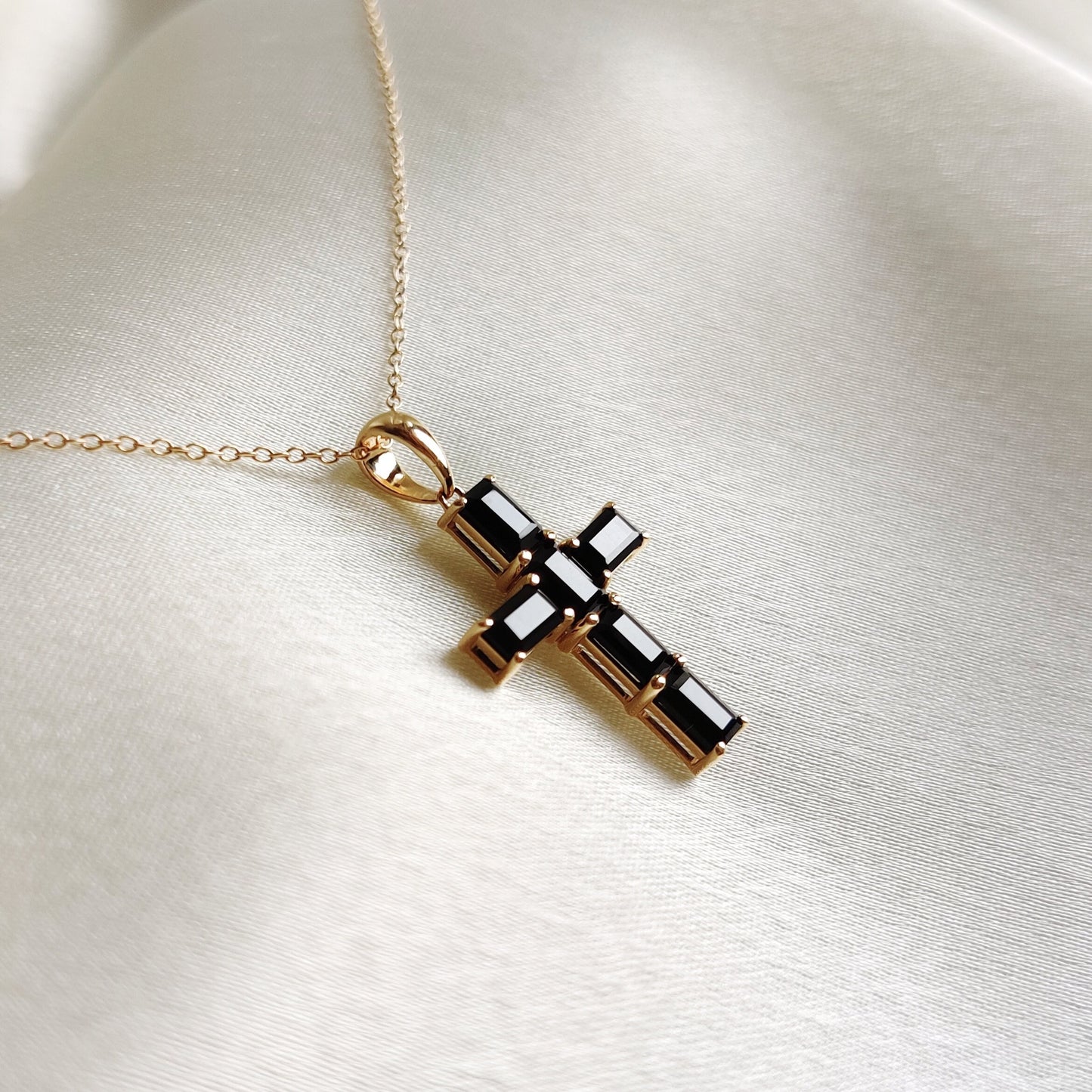 Natural Black Onyx Cross Pendant, 14K Solid Yellow Gold Pendant, Holy Cross Baguette Pendant, December Birthstone Pendant, Christmas Present