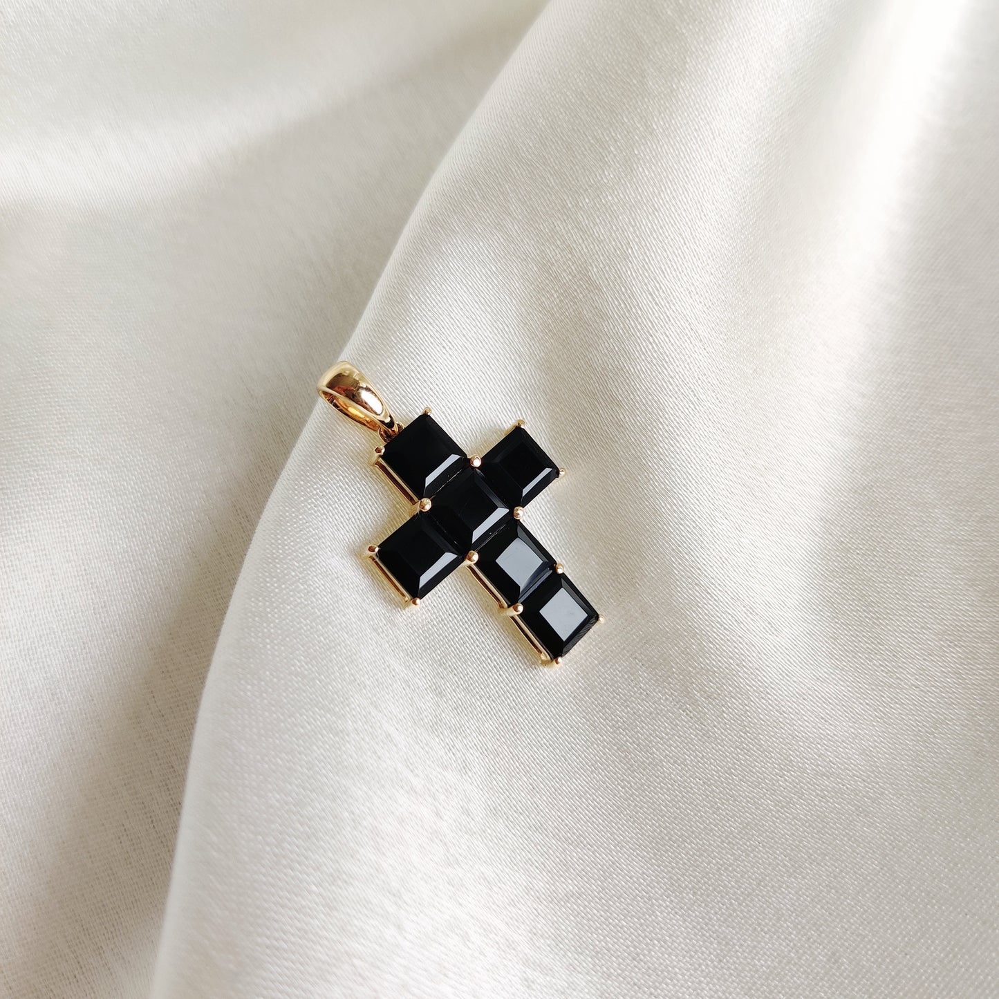 Natural Black Onyx Cross Pendant, 14K Solid Yellow Gold Pendant, Holy Cross Baguette Pendant, December Birthstone Pendant, Christmas Present