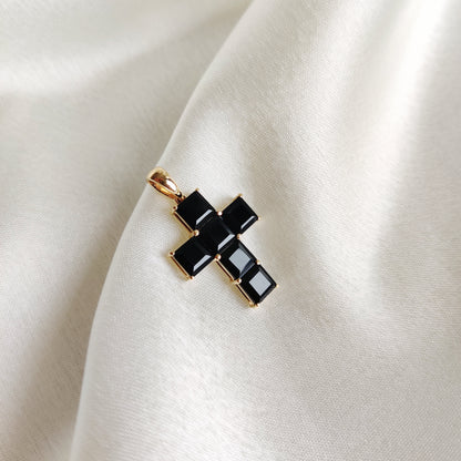 Natural Black Onyx Cross Pendant, 14K Solid Yellow Gold Pendant, Holy Cross Baguette Pendant, December Birthstone Pendant, Christmas Present