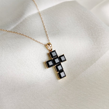 Natural Black Onyx Cross Pendant, 14K Solid Yellow Gold Pendant, Holy Cross Baguette Pendant, December Birthstone Pendant, Christmas Present