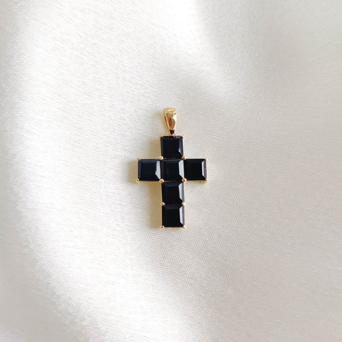 Natural Black Onyx Cross Pendant, 14K Solid Yellow Gold Pendant, Holy Cross Baguette Pendant, December Birthstone Pendant, Christmas Present