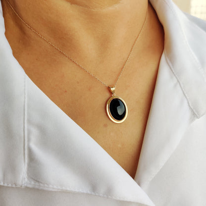 Natural Black Onyx Pendant, 14K Solid Yellow Gold Black Onyx Pendant, December Birthstone Pendant, Oval Bezel Pendant, Christmas Present