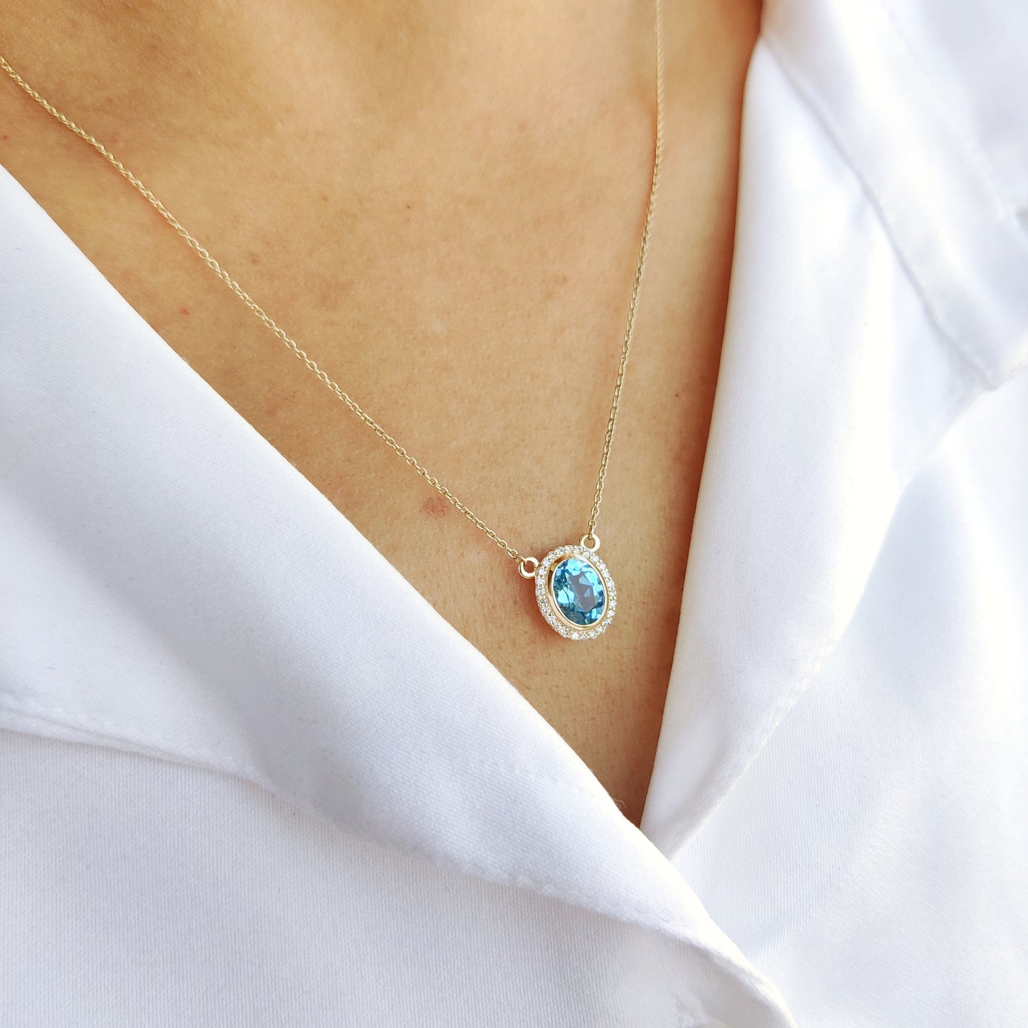 Natural Swiss Blue Topaz & Diamond Pendant, 14K Solid Yellow Gold Pendant, December Birthstone Necklace, Dainty Topaz and Diamond Necklace