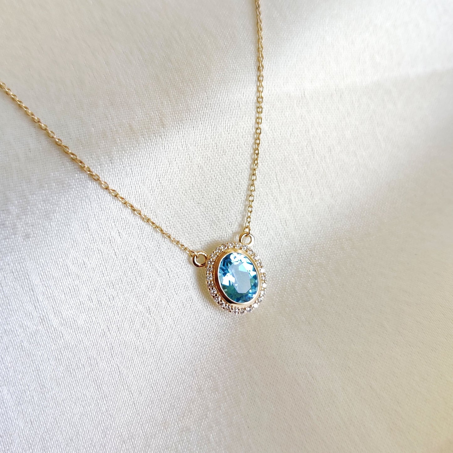 Natural Swiss Blue Topaz & Diamond Pendant, 14K Solid Yellow Gold Pendant, December Birthstone Necklace, Dainty Topaz and Diamond Necklace