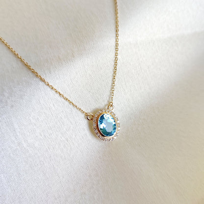 Natural Swiss Blue Topaz & Diamond Pendant, 14K Solid Yellow Gold Pendant, December Birthstone Necklace, Dainty Topaz and Diamond Necklace