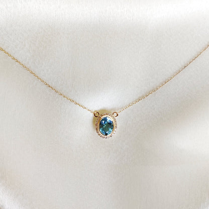 Natural Swiss Blue Topaz & Diamond Pendant, 14K Solid Yellow Gold Pendant, December Birthstone Necklace, Dainty Topaz and Diamond Necklace